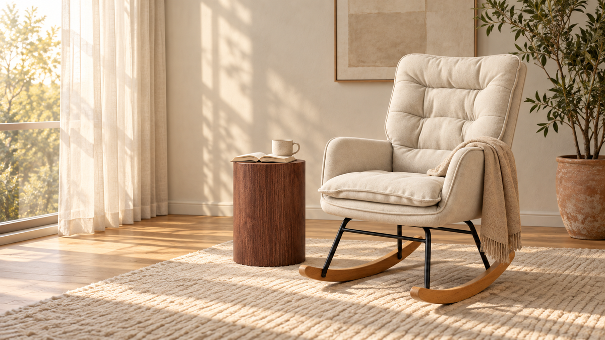 Fauteuil à bascule Margaux crème dans un salon lumineux, à côté d’une table d’appoint Ré