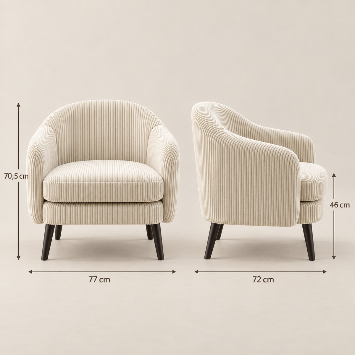 Dimensions du fauteuil Louise : L 77 x P 72 x H 70,5 cm, assise à 46 cm