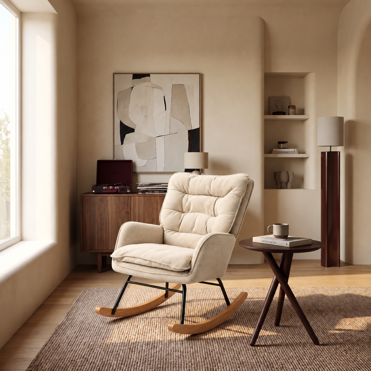 Rocking chair tissu crème Margaux dans un salon