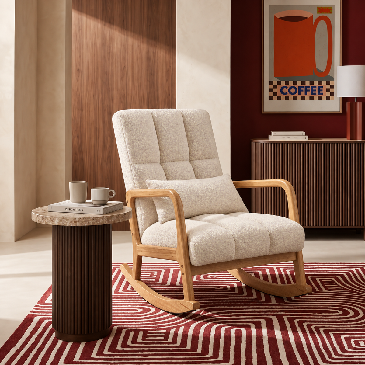 Fauteuil à bascule Paulette avec repose-pied dans un salon