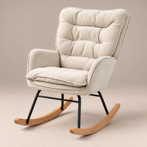 Rocking chair Margaux en tissu crème vu de trois quarts