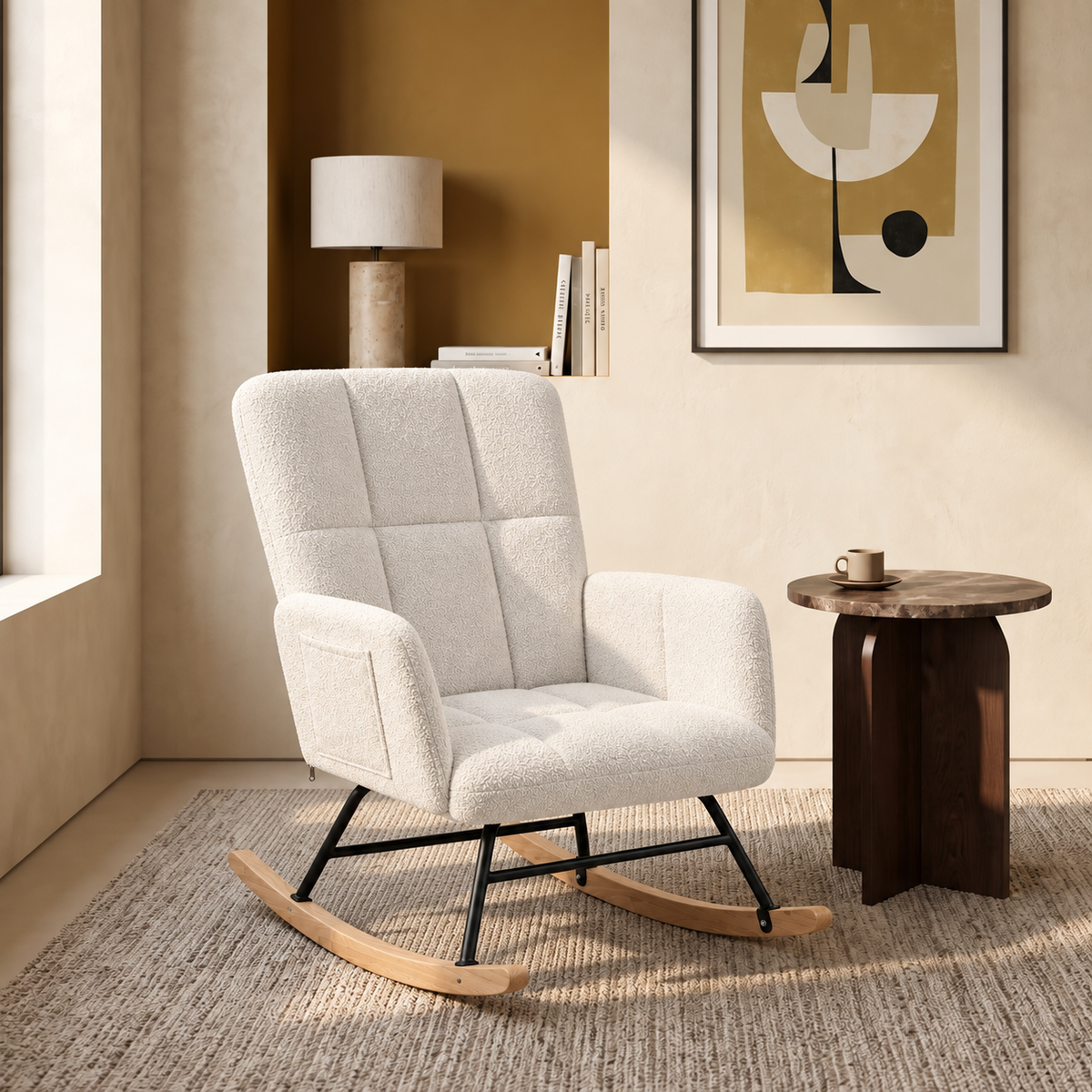Fauteuil à bascule bouclette blanc Odette dans un salon