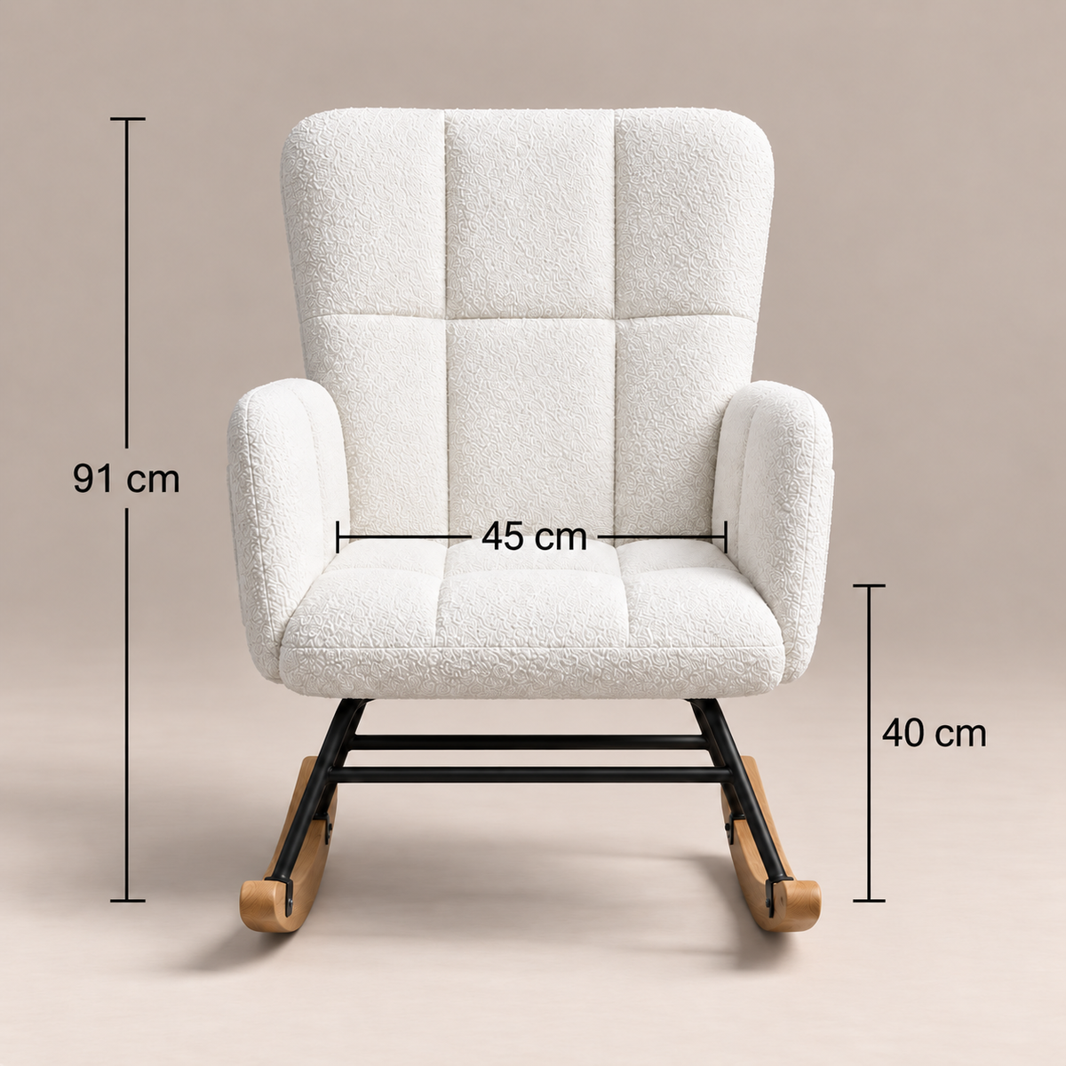 Fauteuil à bascule Odette en bouclette blanche, dossier capitonné
