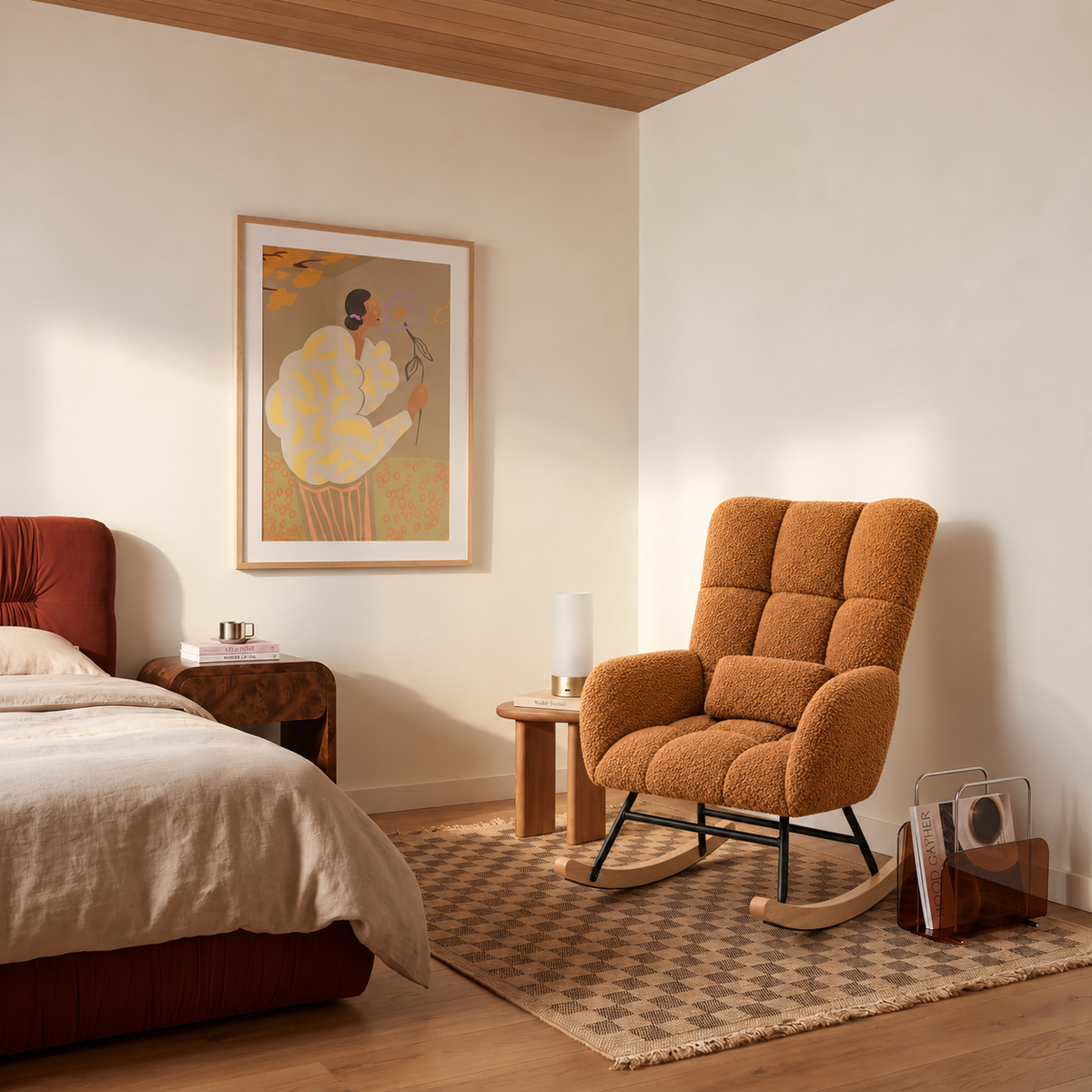 Fauteuil à bascule marron Suzanne dans une chambre