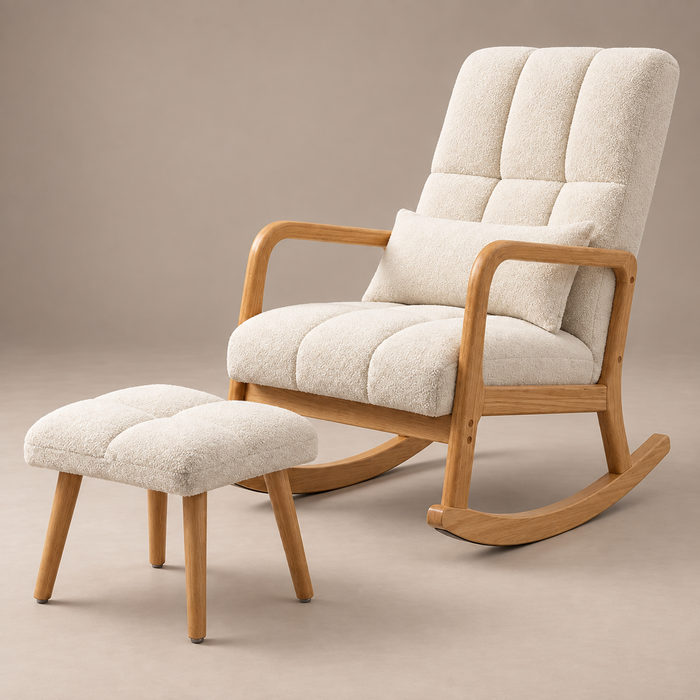 Fauteuil à bascule Paulette en bois et bouclette blanche avec son repose-pieds