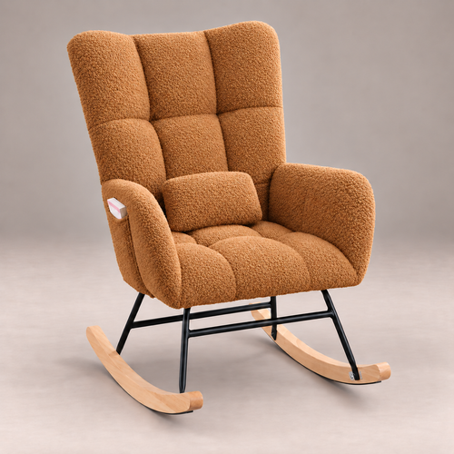 Fauteuil à bascule Suzanne en bouclette cognac vu de trois quarts