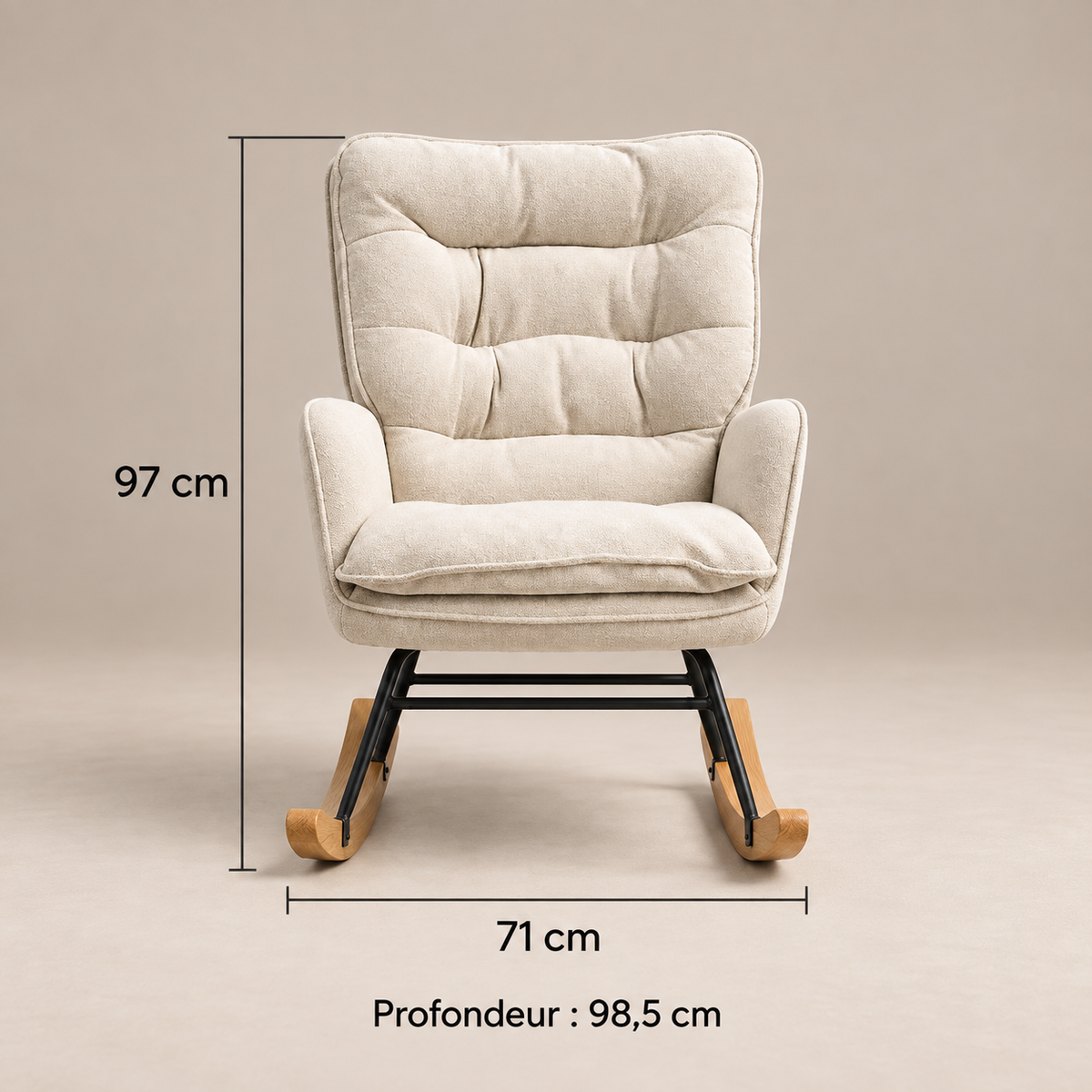 Rocking chair Margaux en tissu crème, structure en métal noir