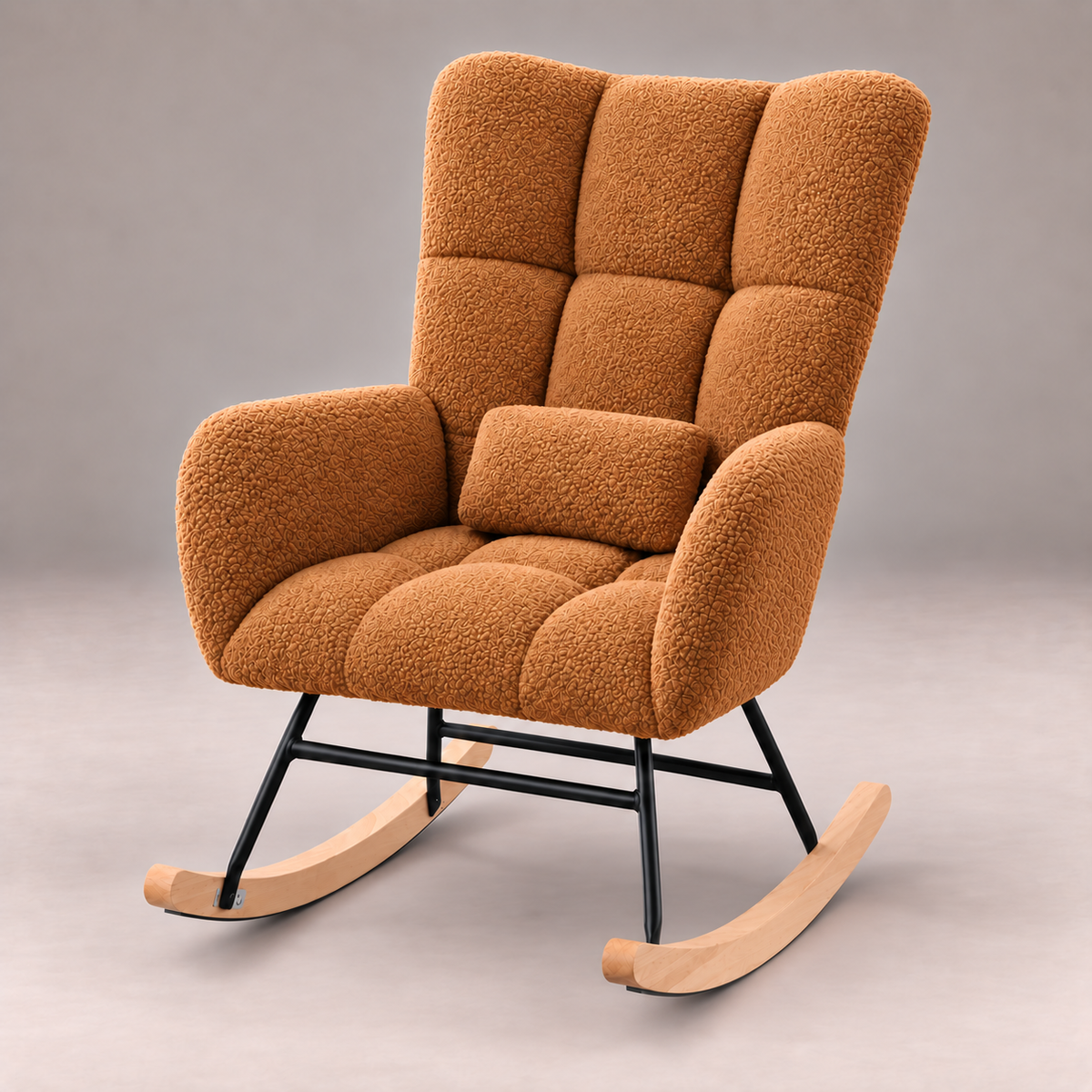Fauteuil à bascule Suzanne en bouclette cognac vu de face