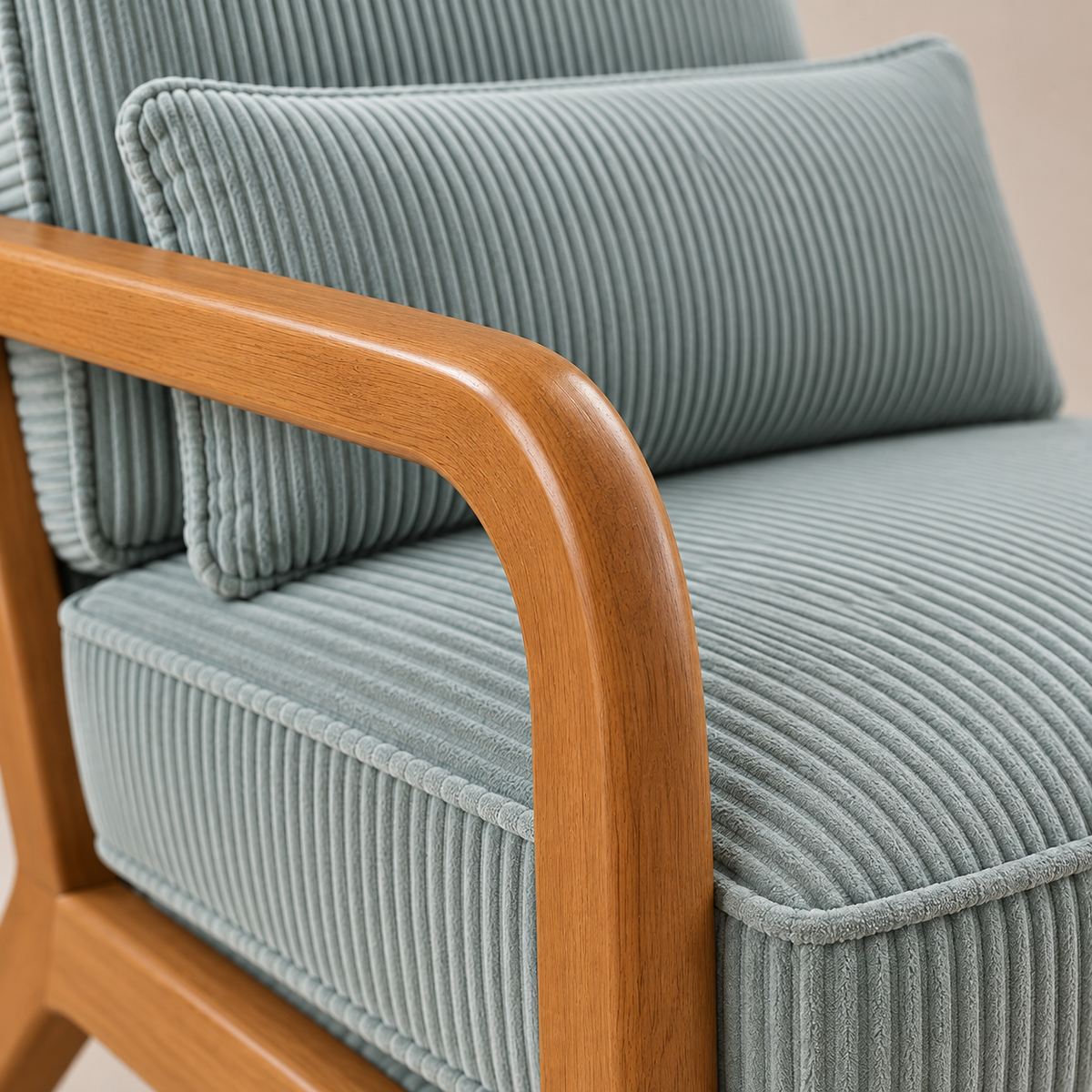 Détail du velours côtelé bleu-gris et de l'accoudoir en bois du fauteuil Colette