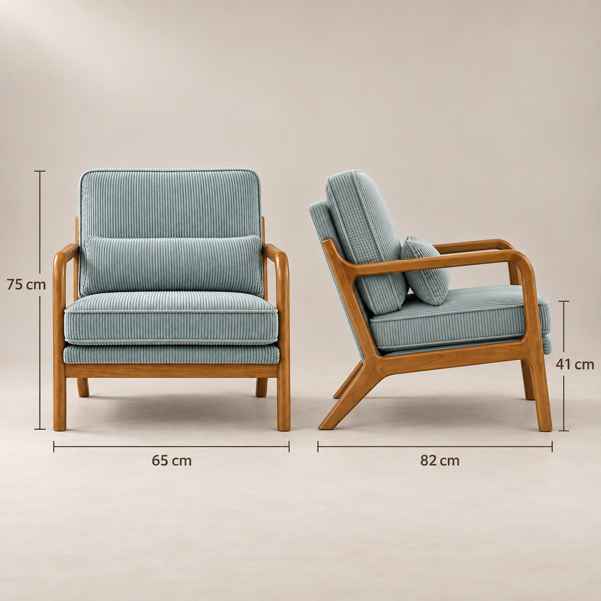 Dimensions du fauteuil Colette : L 65 x P 82 x H 75 cm, assise à 41 cm
