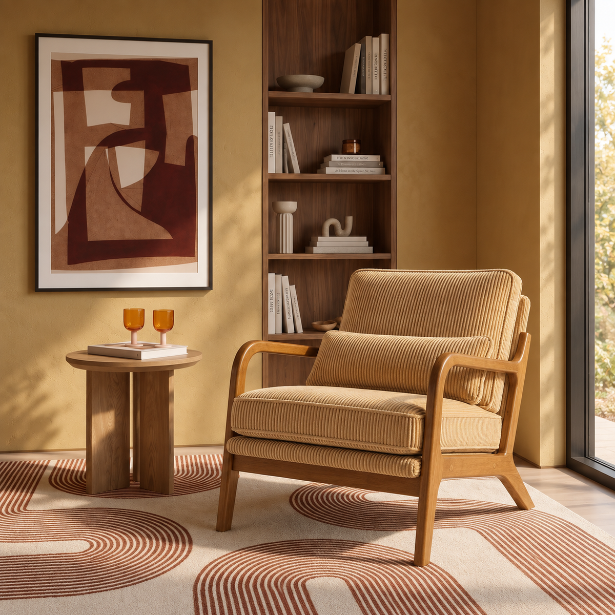 Fauteuil scandinave Colette en velours côtelé camel dans un salon aux tons chauds