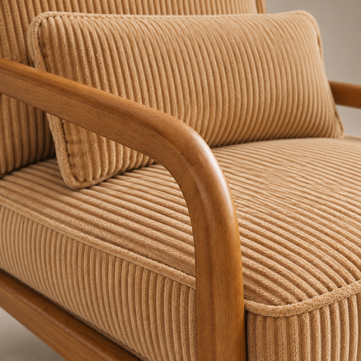 Détail de l'accoudoir en bois et du velours côtelé camel du fauteuil Colette