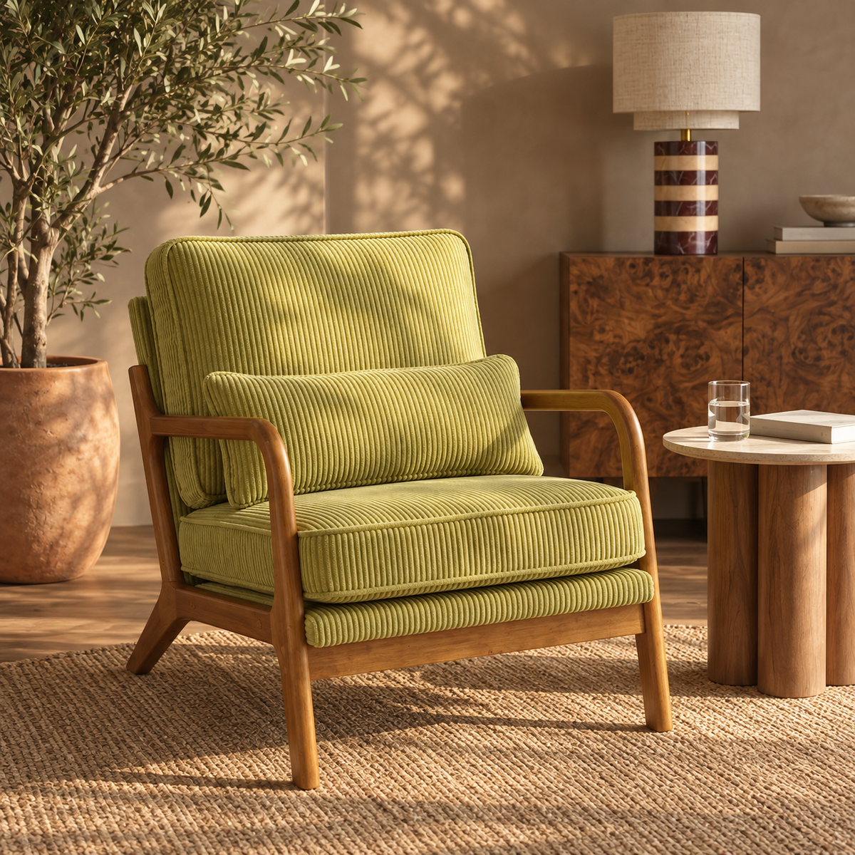 Fauteuil scandinave Colette en velours côtelé pistache dans un salon