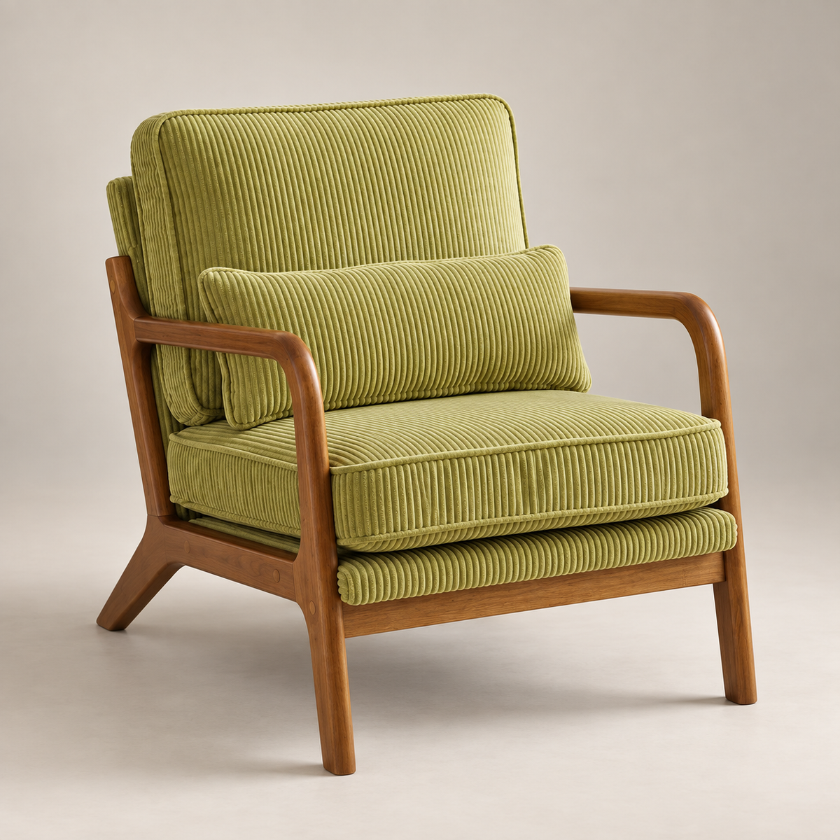 Fauteuil Colette en velours côtelé pistache vu de trois quarts