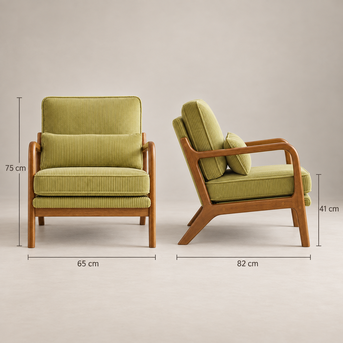 Dimensions du fauteuil Colette : L 65 x P 82 x H 75 cm, assise à 41 cm