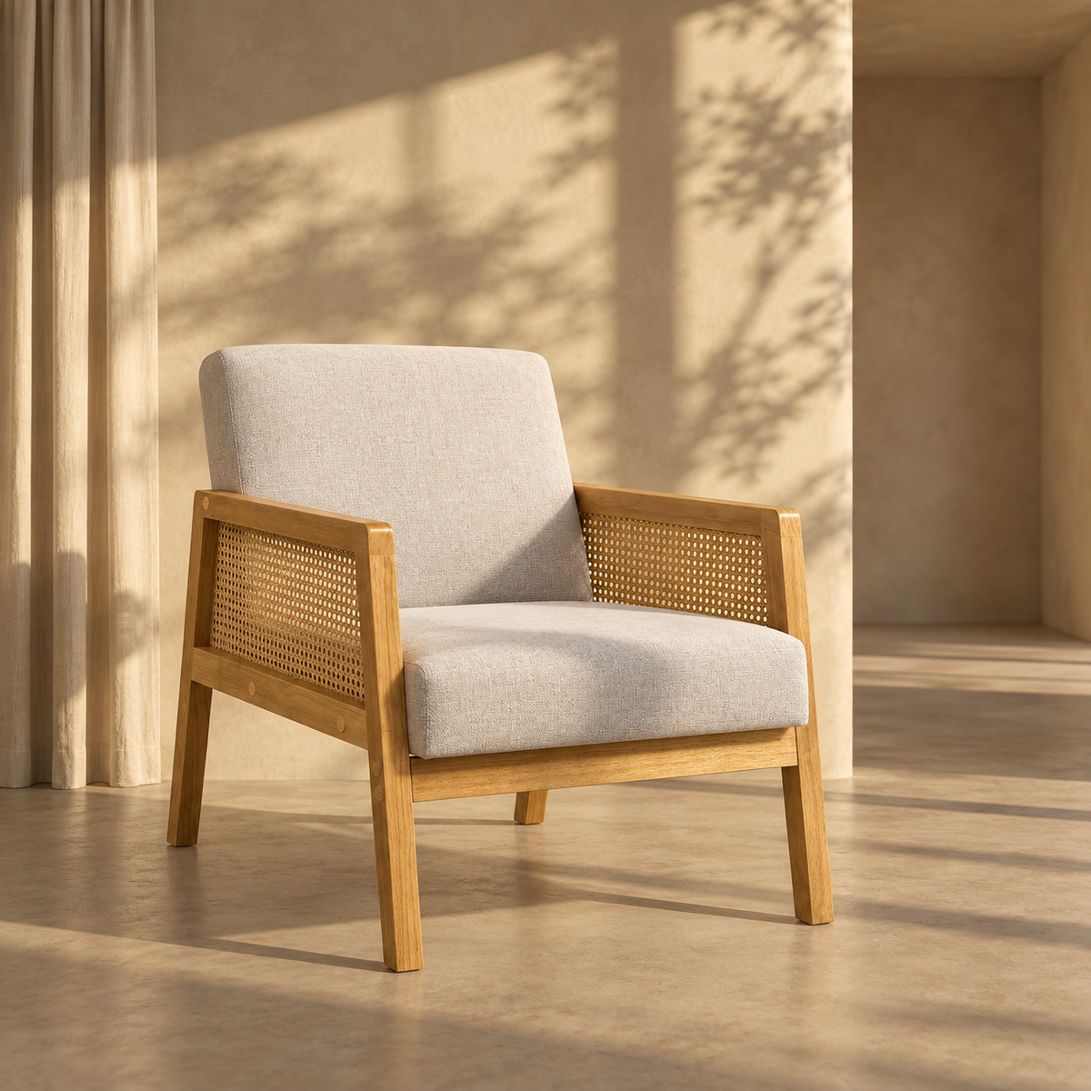 Fauteuil Jeanne en bois et cannage avec coussins écru dans une pièce ensoleillée