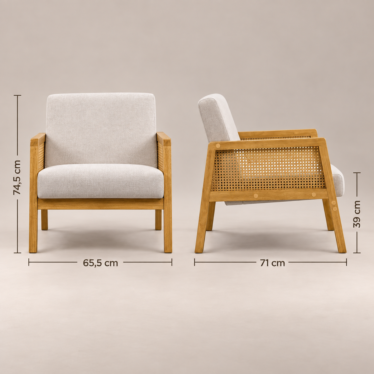 Dimensions du fauteuil Jeanne : L 65,5 x P 71 x H 74,5 cm, assise à 39 cm