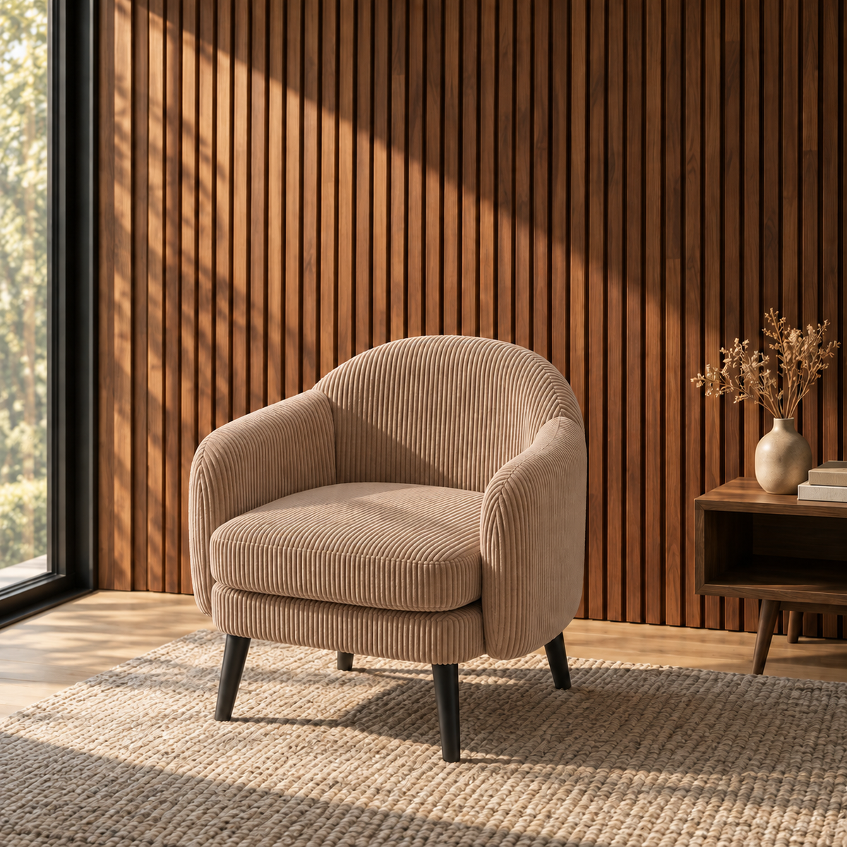 Fauteuil Louise en velours côtelé camel devant un mur en tasseaux de bois