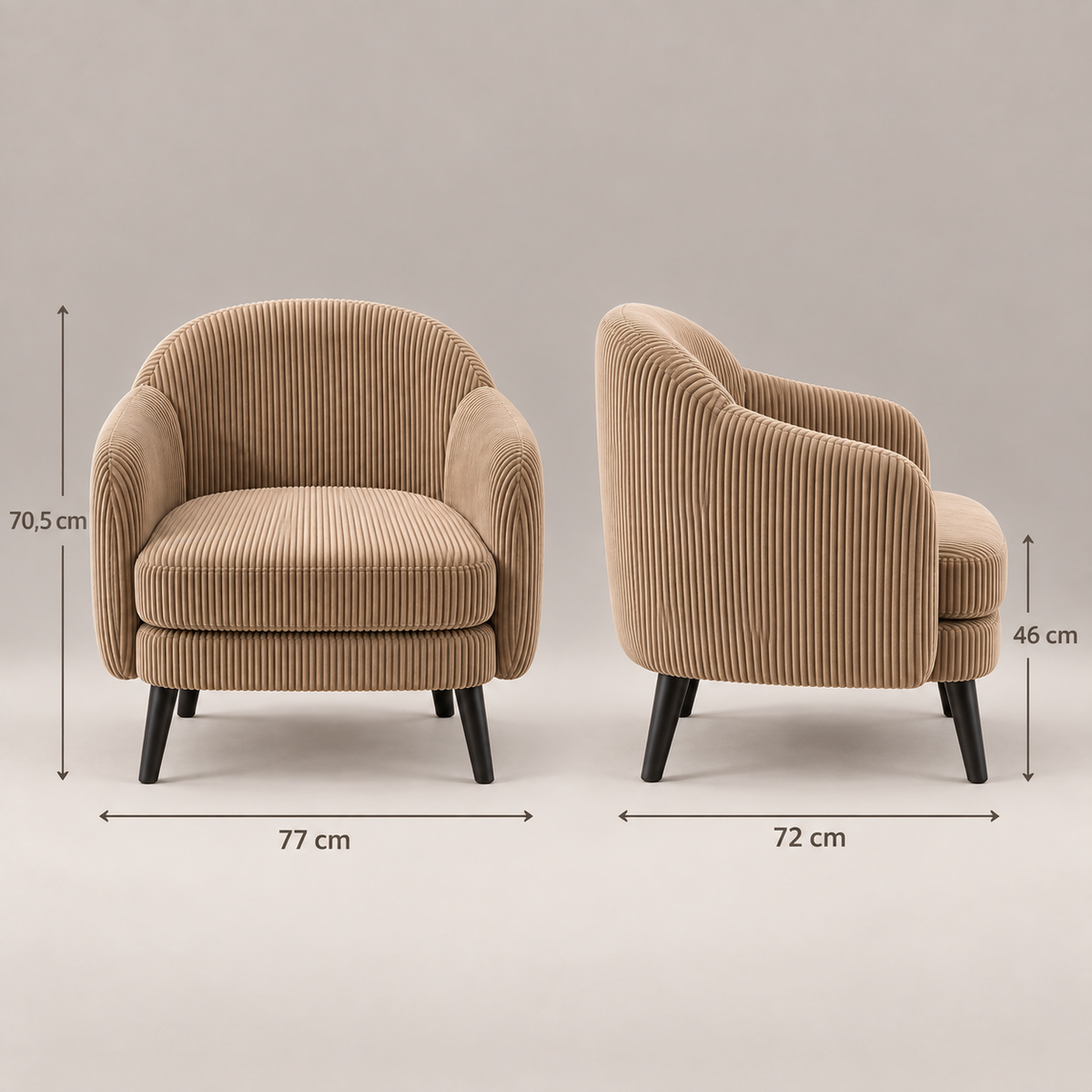 Dimensions du fauteuil Louise : L 77 x P 72 x H 70,5 cm, assise à 46 cm