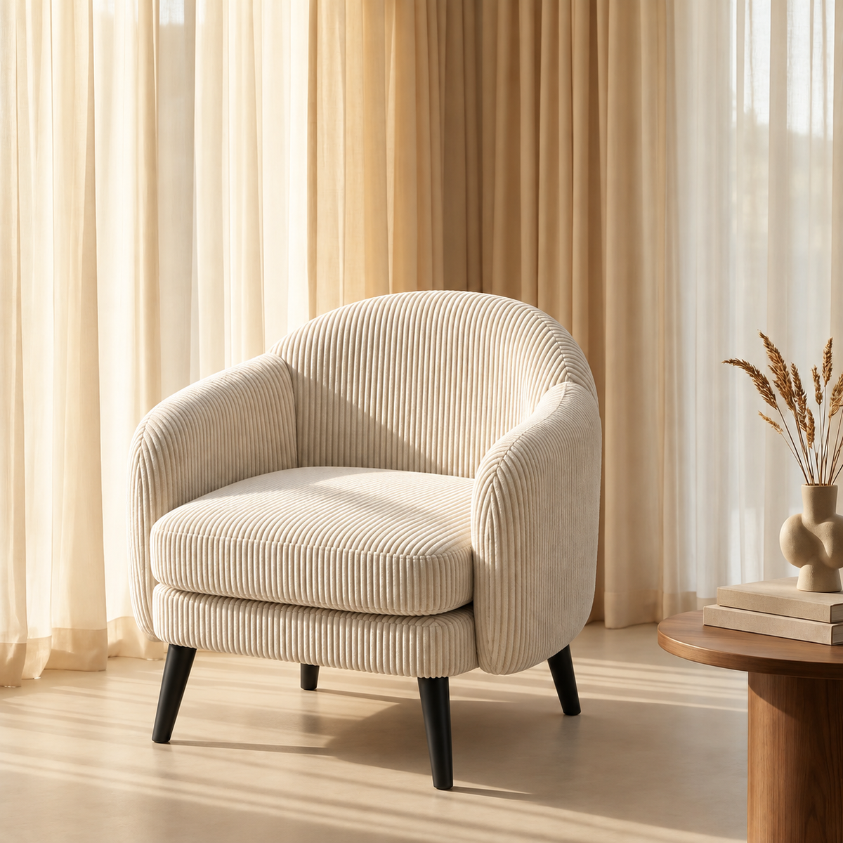 Fauteuil Louise en velours côtelé crème près d'une fenêtre avec voilages