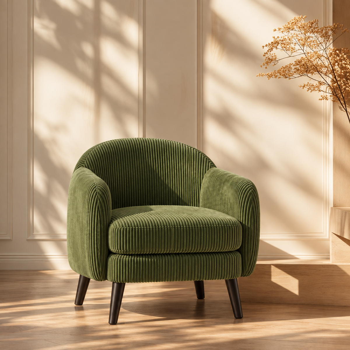 Fauteuil Louise en velours côtelé vert dans un salon aux murs moulurés