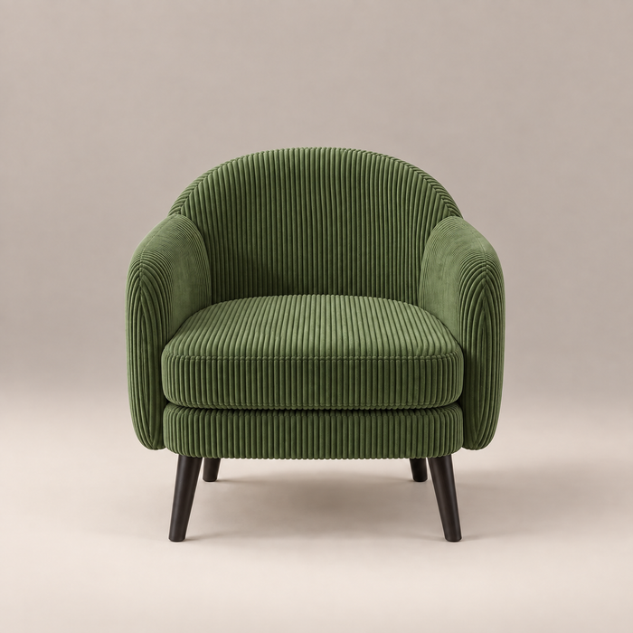 Fauteuil velours côtelé vert Louise vu de face, pieds en bois foncé