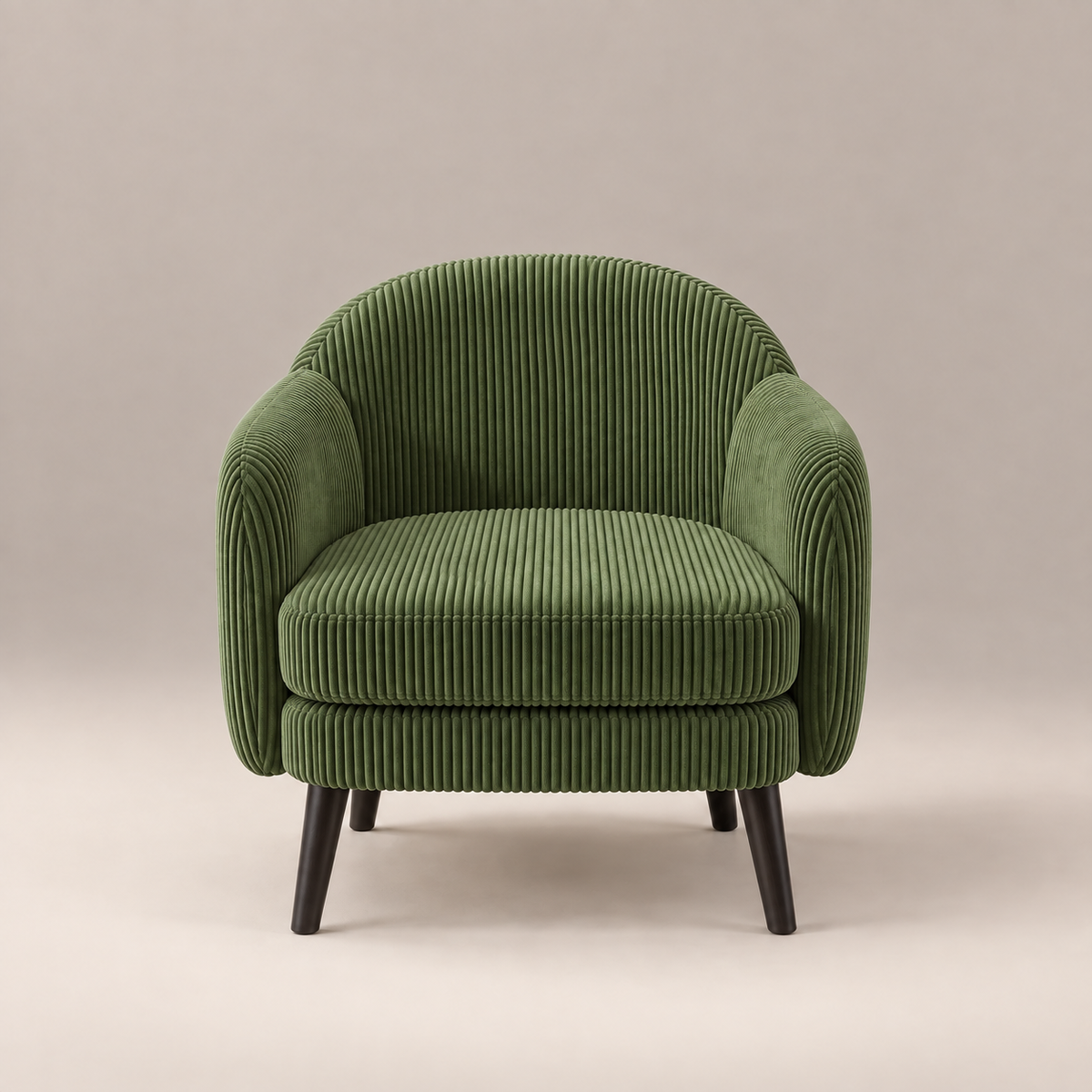 Fauteuil velours côtelé vert Louise vu de face, pieds en bois foncé