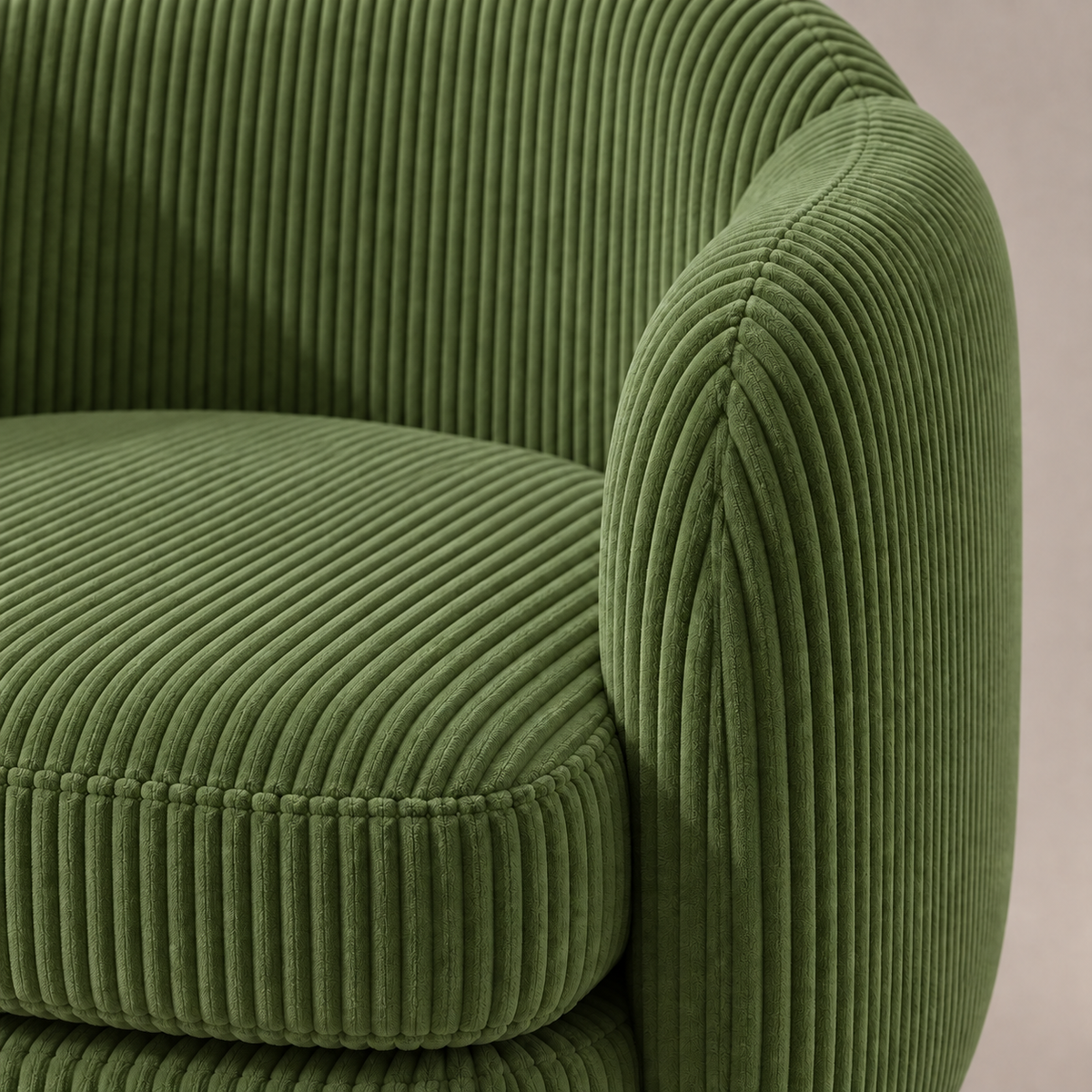 Détail des côtes du velours vert et de l'assise du fauteuil Louise