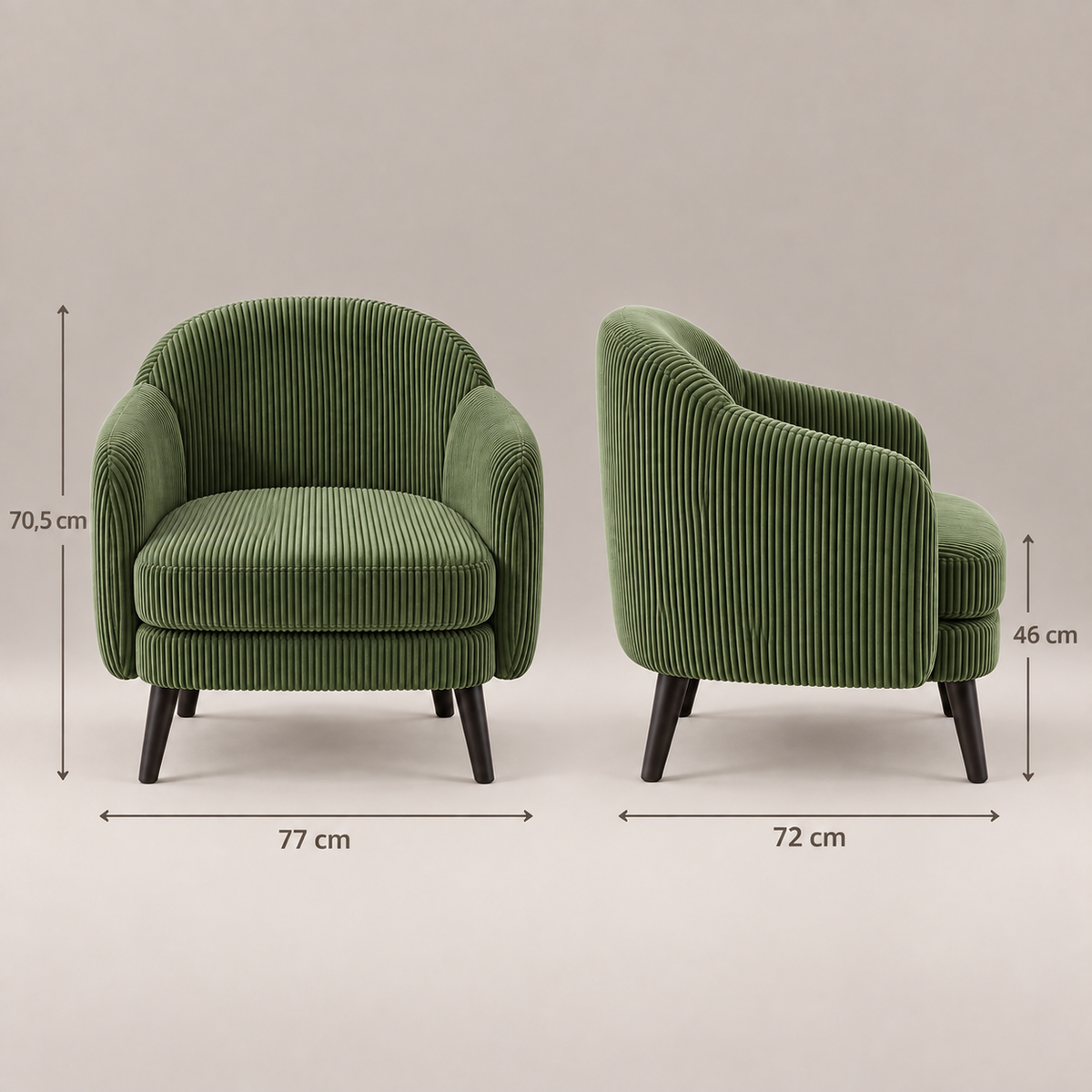 Dimensions du fauteuil Louise : L 77 x P 72 x H 70,5 cm, assise à 46 cm