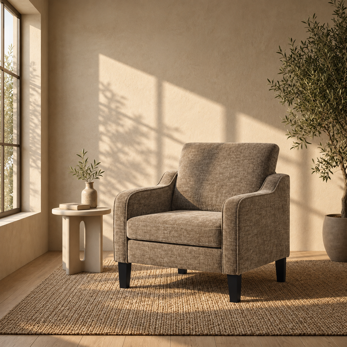 Fauteuil Marcel en tissu chiné taupe dans un salon lumineux
