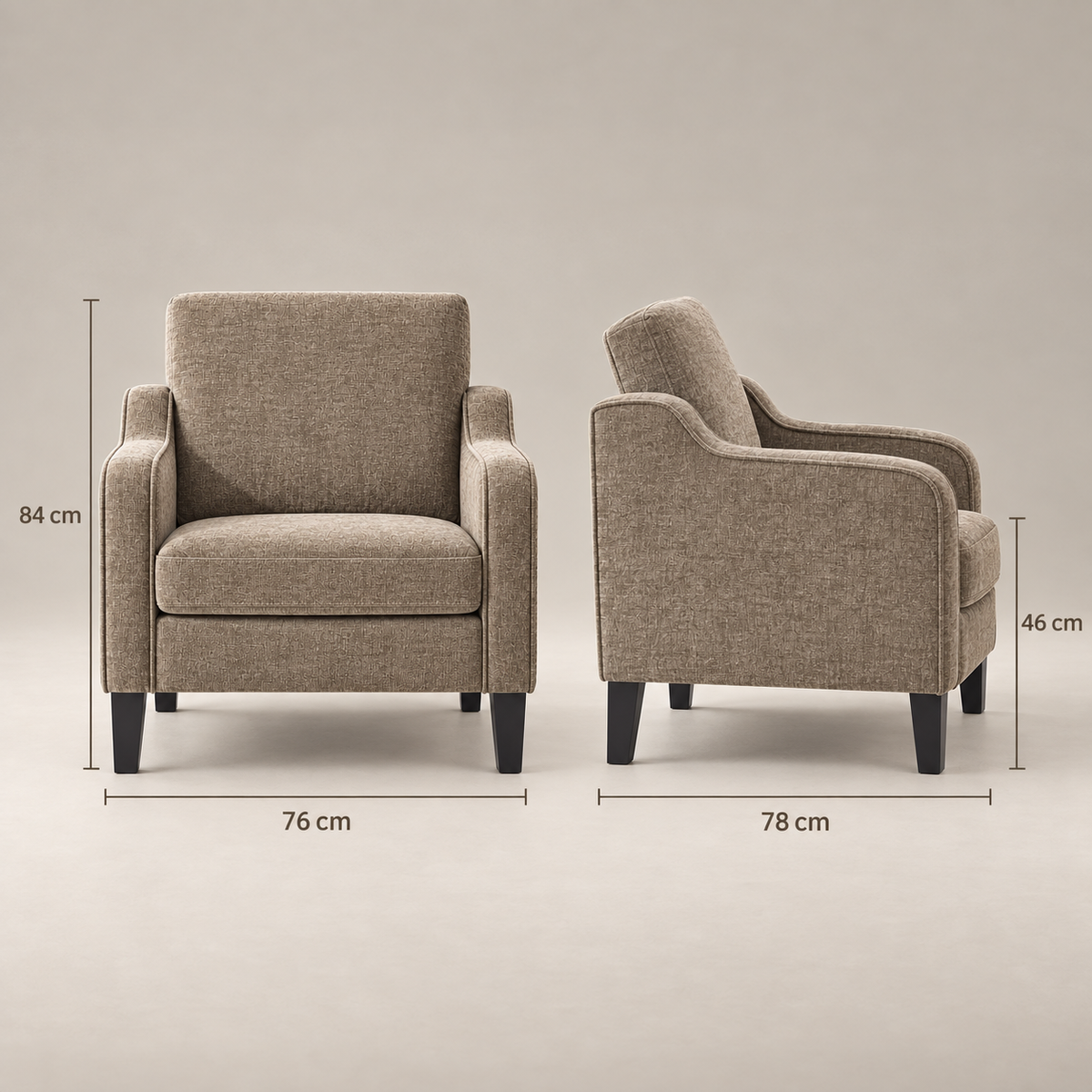 Dimensions du fauteuil Marcel : L 76 x P 78 x H 84 cm, assise à 46 cm