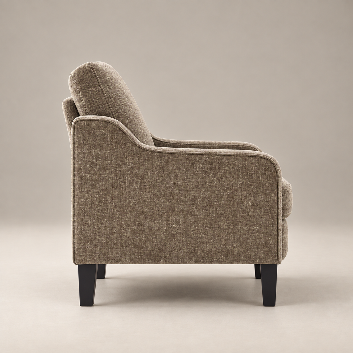 Fauteuil Marcel en tissu chiné taupe vu de profil