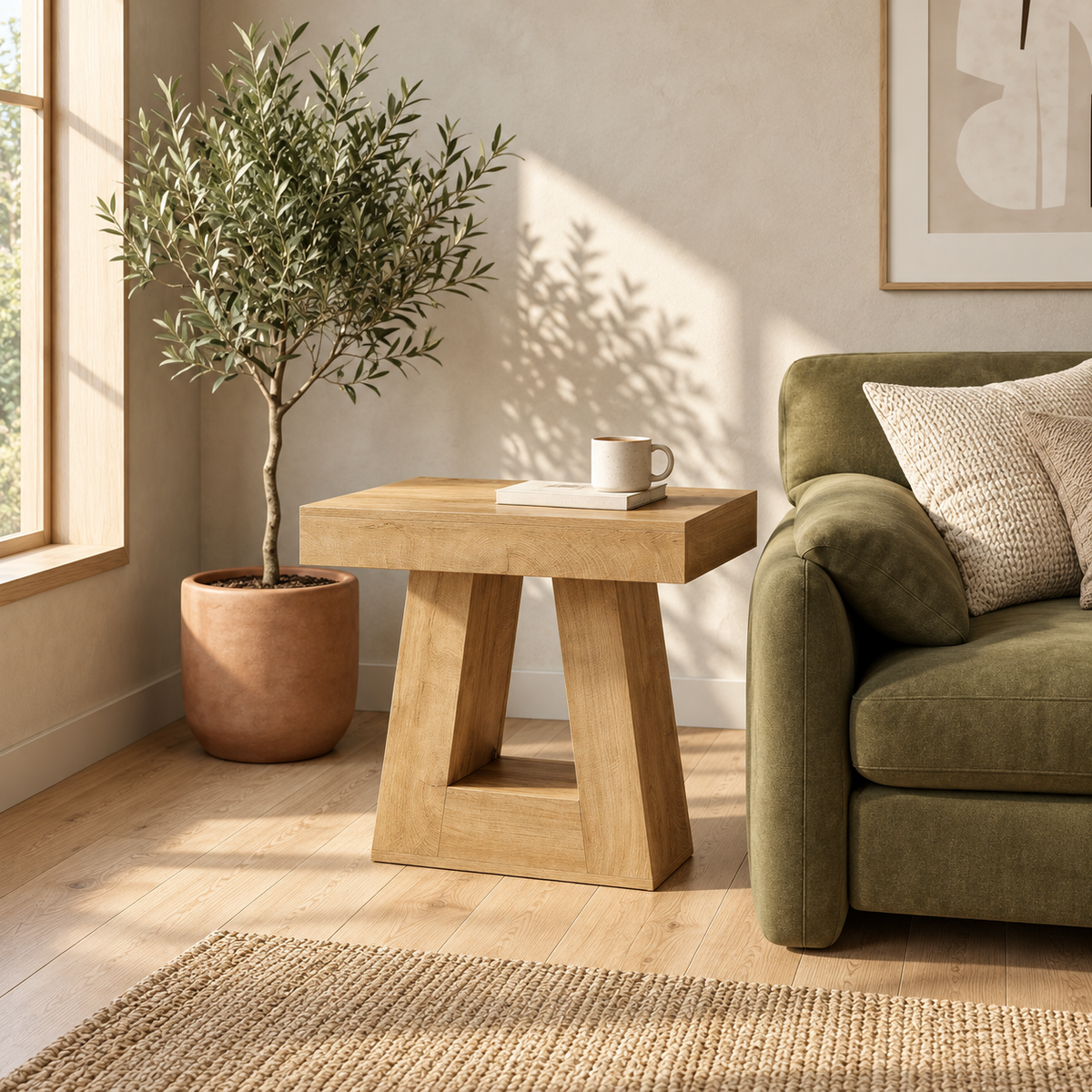Table d'appoint Bandol effet chêne clair à côté d'un canapé vert