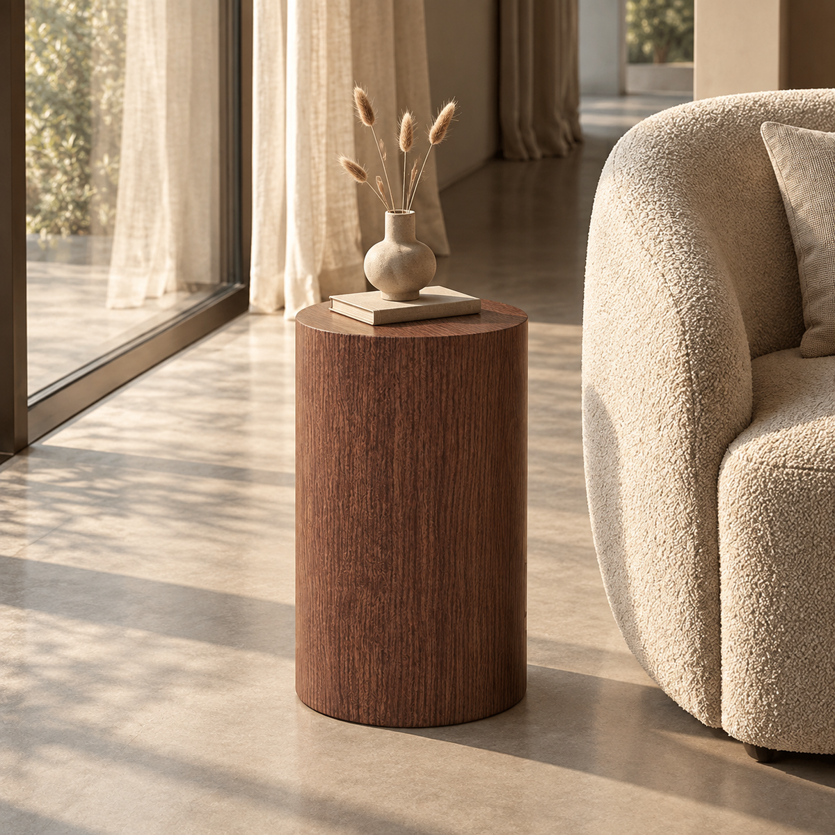 Table d'appoint ronde Ré effet bois brun-rouge à côté d'un fauteuil bouclette