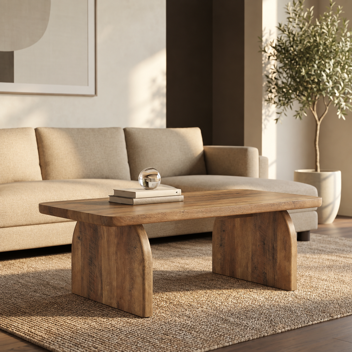 Table basse rectangulaire Ménerbes en bois vieilli devant un canapé
