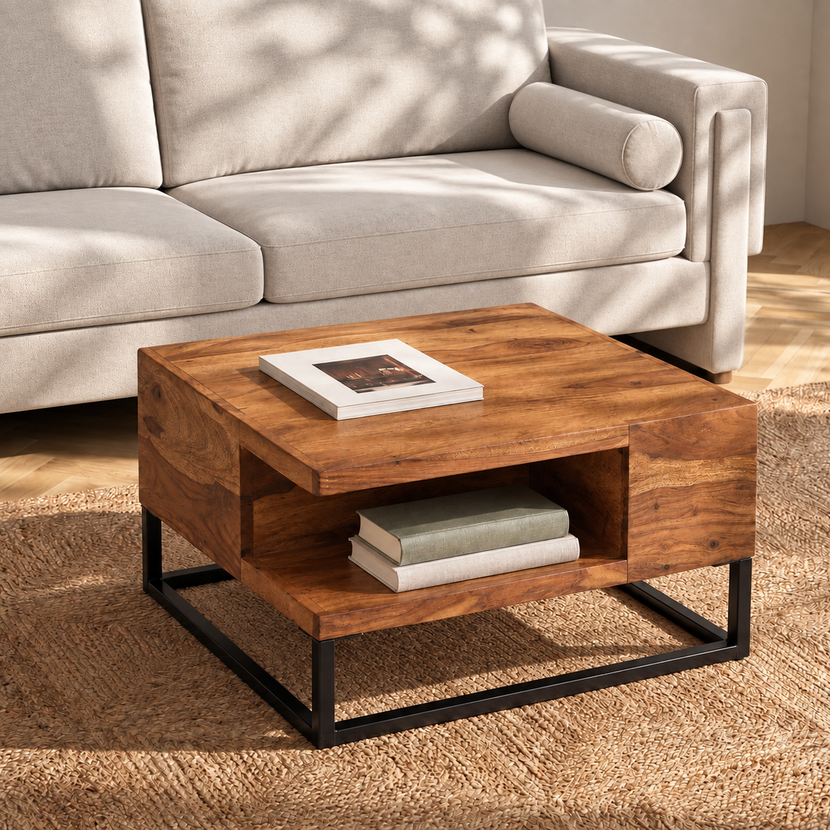 Table basse carrée Arles en bois et métal noir devant un canapé