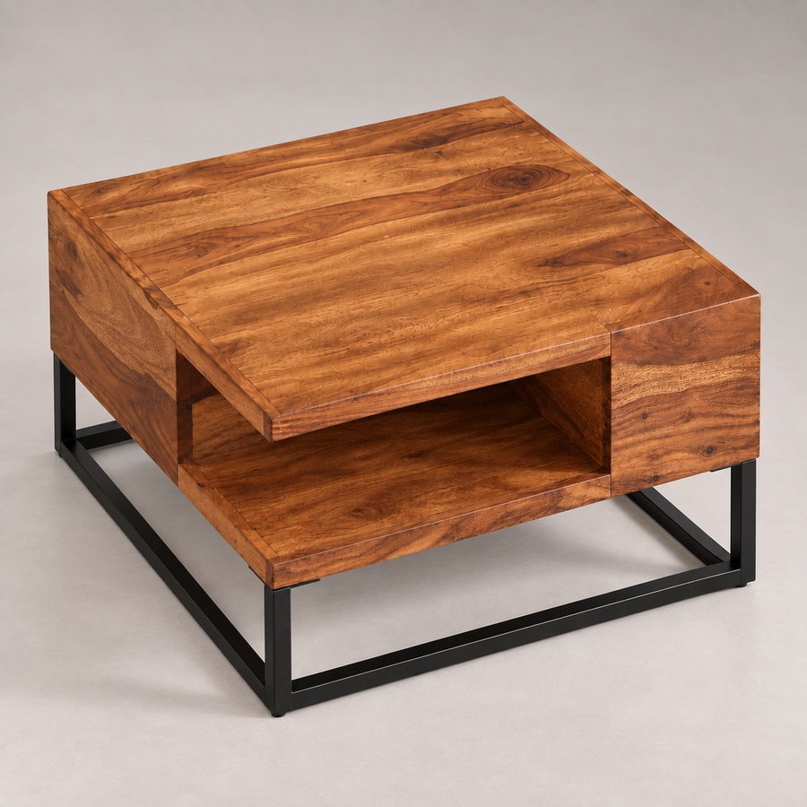 Table basse carrée Arles en bois et métal noir avec niche de rangement, vue de trois quarts