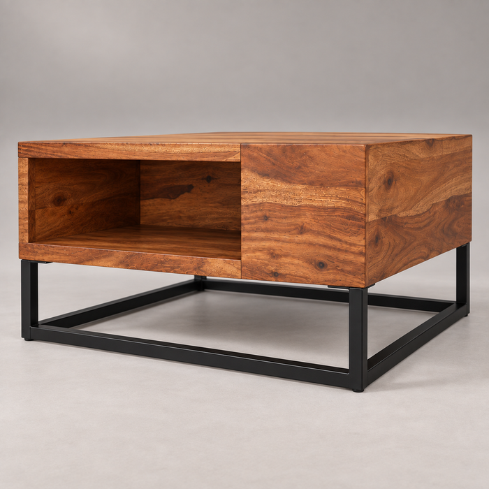 Table basse carrée bois et métal Arles vue de côté