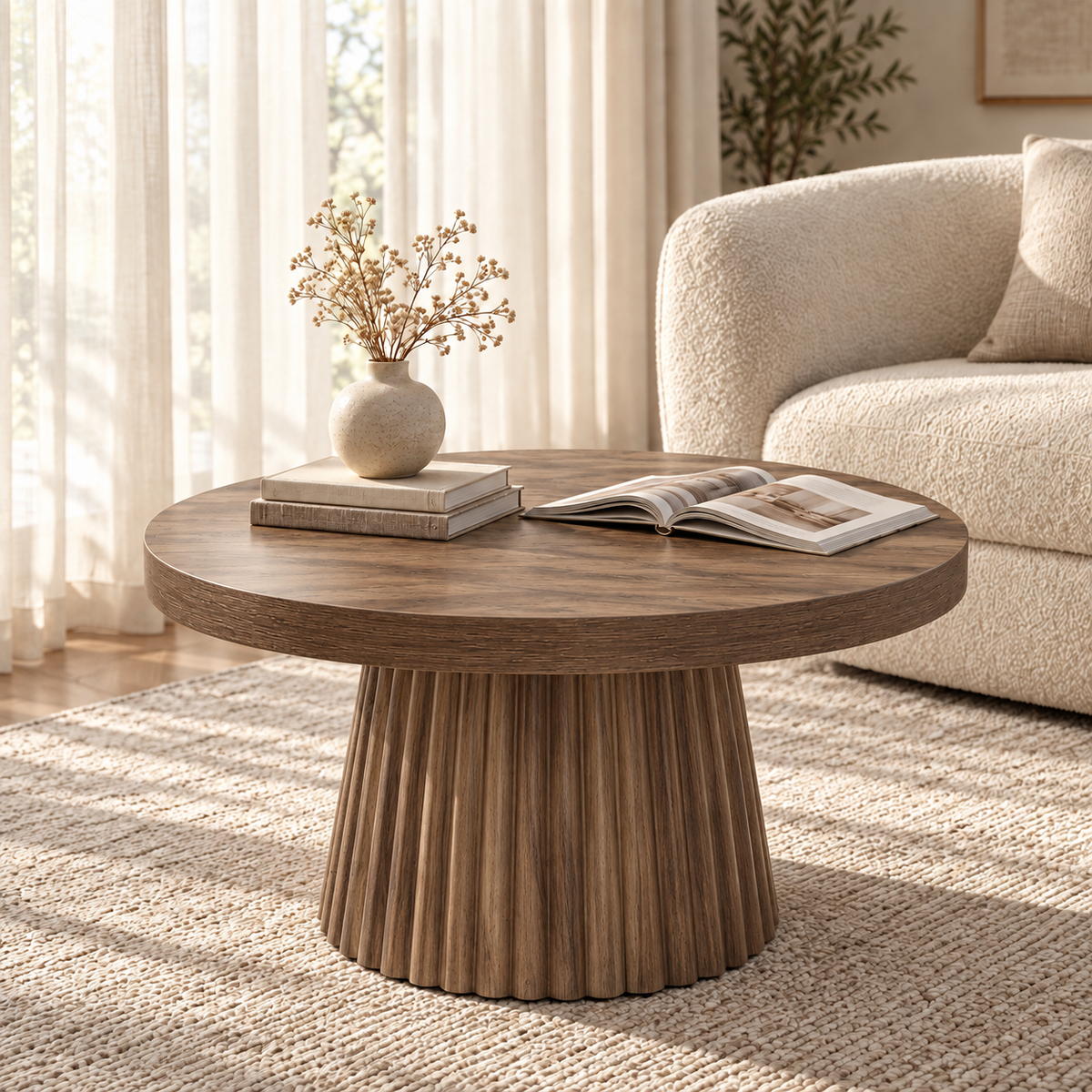 Table basse ronde Uzès effet bois devant un fauteuil bouclette
