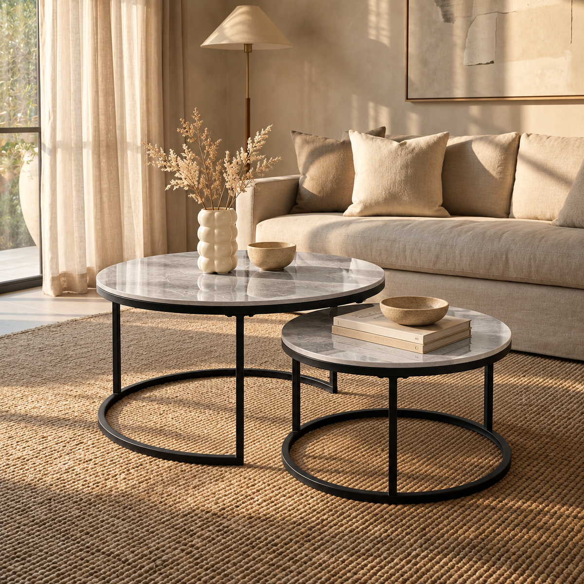 Tables basses gigognes Cassis effet marbre gris dans un salon