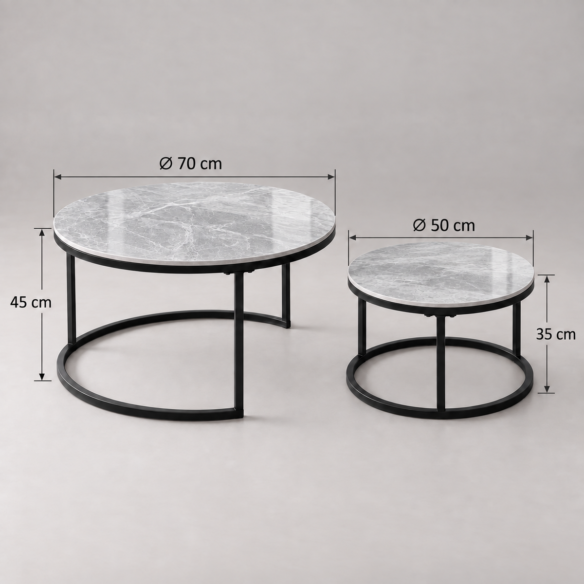 Dimensions des tables gigognes Cassis : Ø 70 x H 45 cm et Ø 50 x H 35 cm